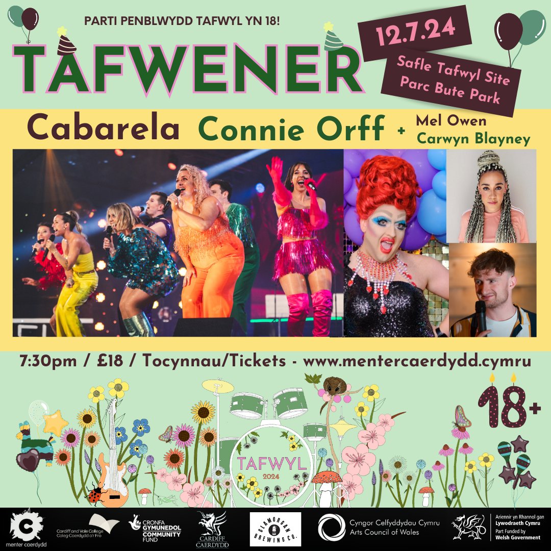 Mae Tafwyl yn ddeunaw oed – i ddathlu dyma ni’n cyflwyno Tafwener - noson o adloniant ddigri! Tafwyl is 18 – to celebrate we are announcing Tafwener - a night of hilarity! mentercaerdydd.cymru/event/tafwener… @cabarelacymru @ConnieOrff @MelOwenComedy @carwynblayney @GlamBrewingCo