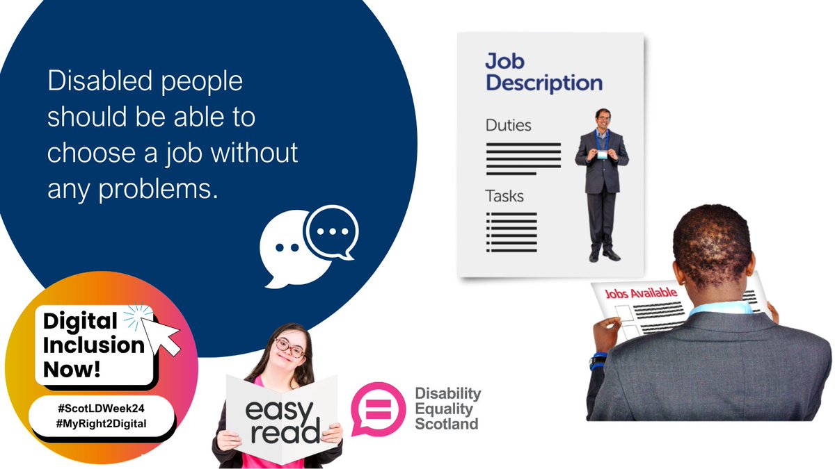 💼Our next post for @SCLDNews Learning Disability Week focuses on jobs. 💡Disabled people should be able to access employment support at any point in their career. 👉Online support can help. Check out the digital resource in our Easy Read disabilityequality.scot/wp-content/upl… #ScotLDWeek24