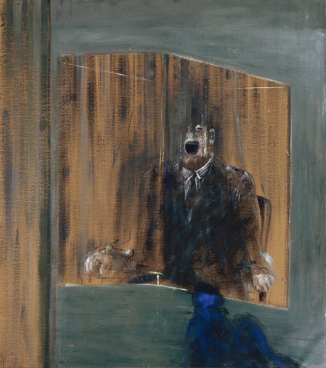 'The confinement of a screaming man in a glass cage or booth evokes a Kafkaesque nightmare of incarceration. His wrists appear to be clamped to the chair, possibly indicating death by electrocution.'Martin Harrison, Francis Bacon: Catalogue Raisonné p.210 Study for Portrait, 1949