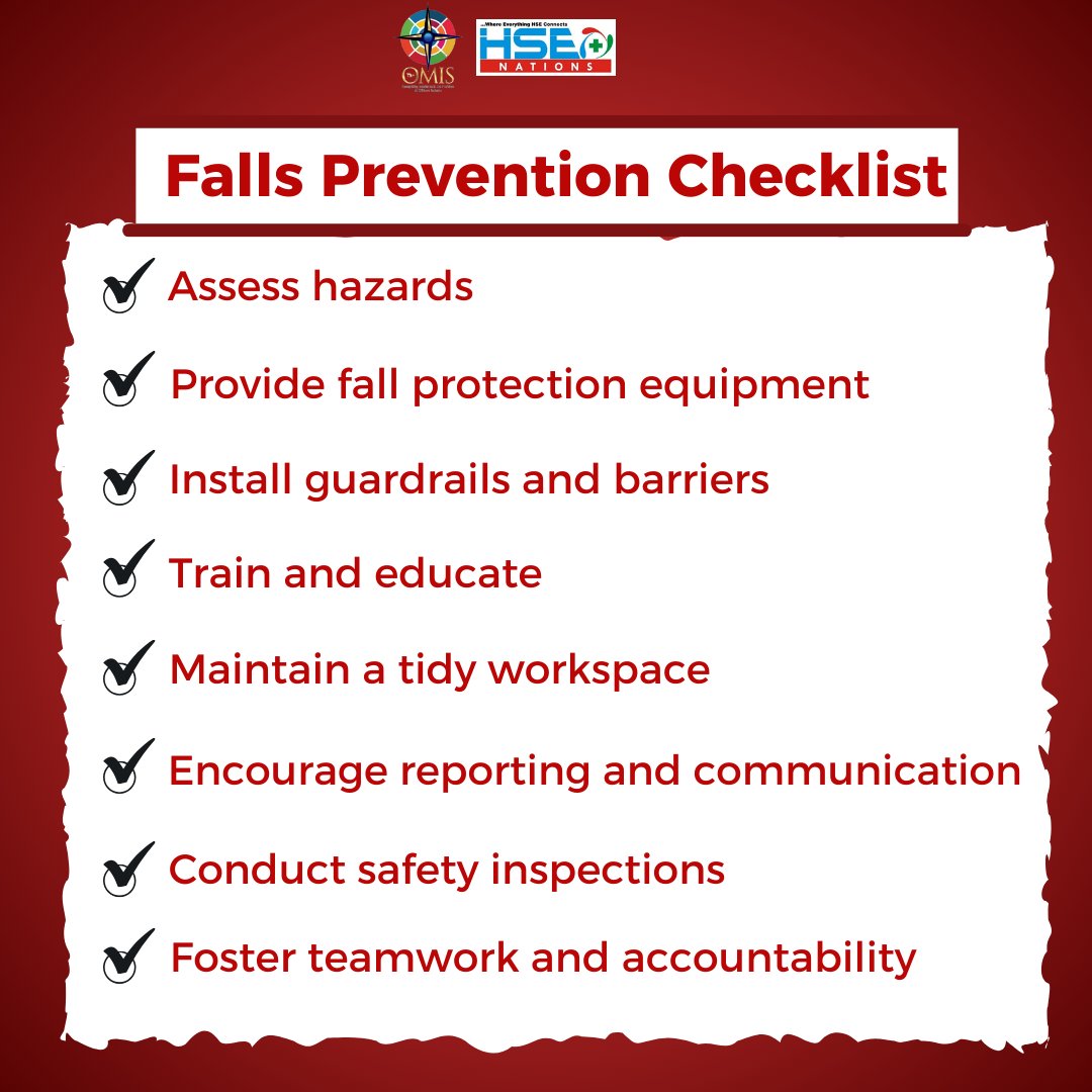 🚧 Safety Alert!  

Preventing falls is crucial to protect your team from injuries and maintain a productive work environment.  

⛑️Invest in safety today for a brighter, accident-free tomorrow. 

#WorkplaceSafety #FallsPrevention #SafetyMatters #HSENations #AfriSAFE #TheOMIS