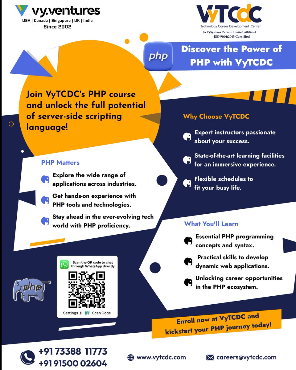 Unlock PHP's potential with VyTCDC!  Dive into essential concepts, hands-on skills, and career opportunities in server-side scripting. Expert instructors, flexible schedules. Enroll now! 

#vytcdc #PHP #WebDev #TechEd
