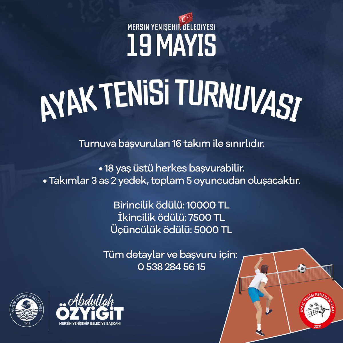 Turnuvayı kazan, Mersin’i Türkiye’de temsil et!🏆🇹🇷 Yenişehir Belediyesi 19 Mayıs Ayak Tenisi Turnuvası⚽️ 🗓️16-19 Mayıs 📍Özgecan Aslan Spor Tesisleri Ödül ve başvuru detayları için kaydırın👉