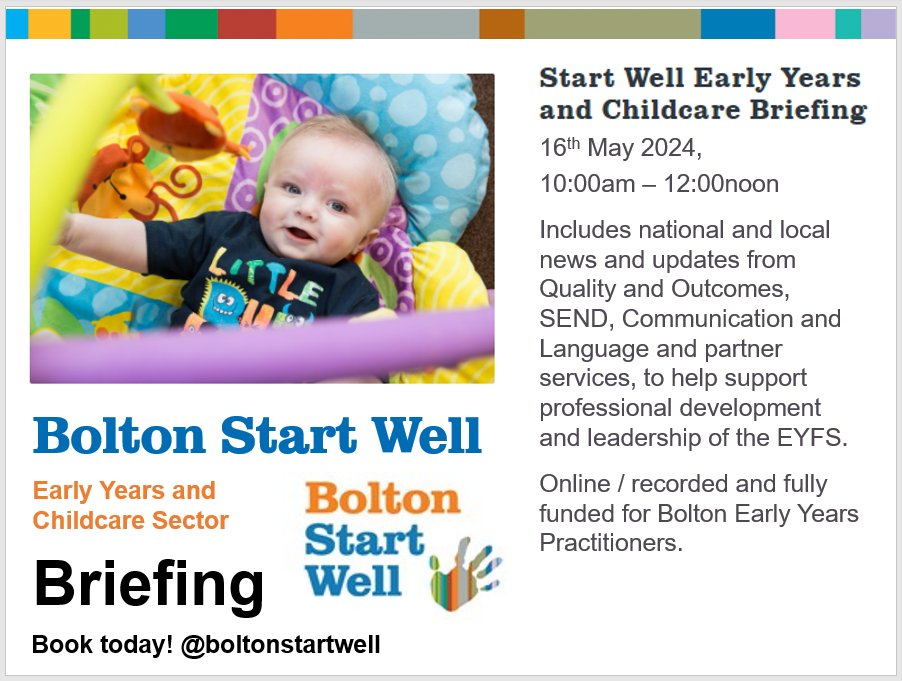 Next week! All practitioners in schools, out of school clubs and daycare, including childminders are welcome to attend the summer term early years briefing. The briefing will be recorded for those that cannot make the live event. Book here: boltonstartwell.org.uk/course-detail?…