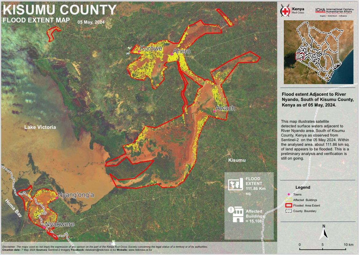 We continue to leverage technology in conducting risk assessments, thanks to @ICHA_KRC. Check out this satellite map showing areas affected by floods in Kisumu along River Nyando. Field assessment and response efforts are ongoing.