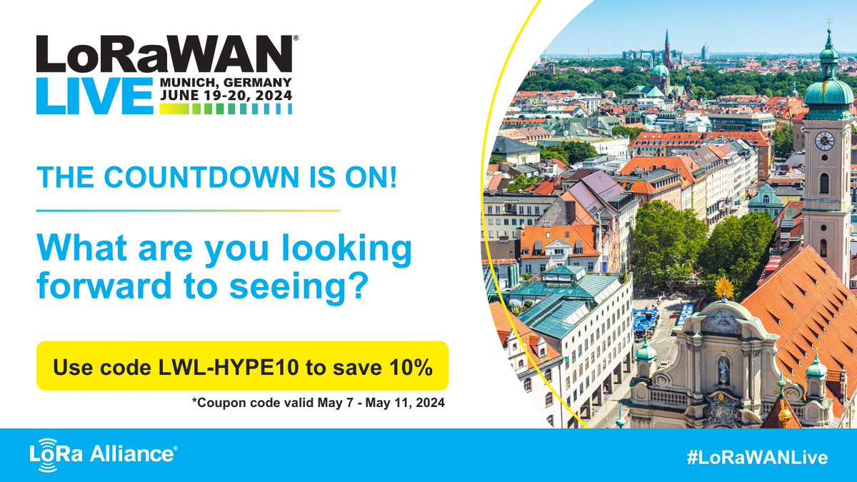 Only 6 weeks to go! We can't wait to see the #LoRaWAN ecosystem at the highly anticipated #LoRaWANLive in Munich, Germany! What are you most excited to see? Let us know below! Not yet registered? Secure your spot by today and SAVE with code LWLHYPE-10! See you this June 👋