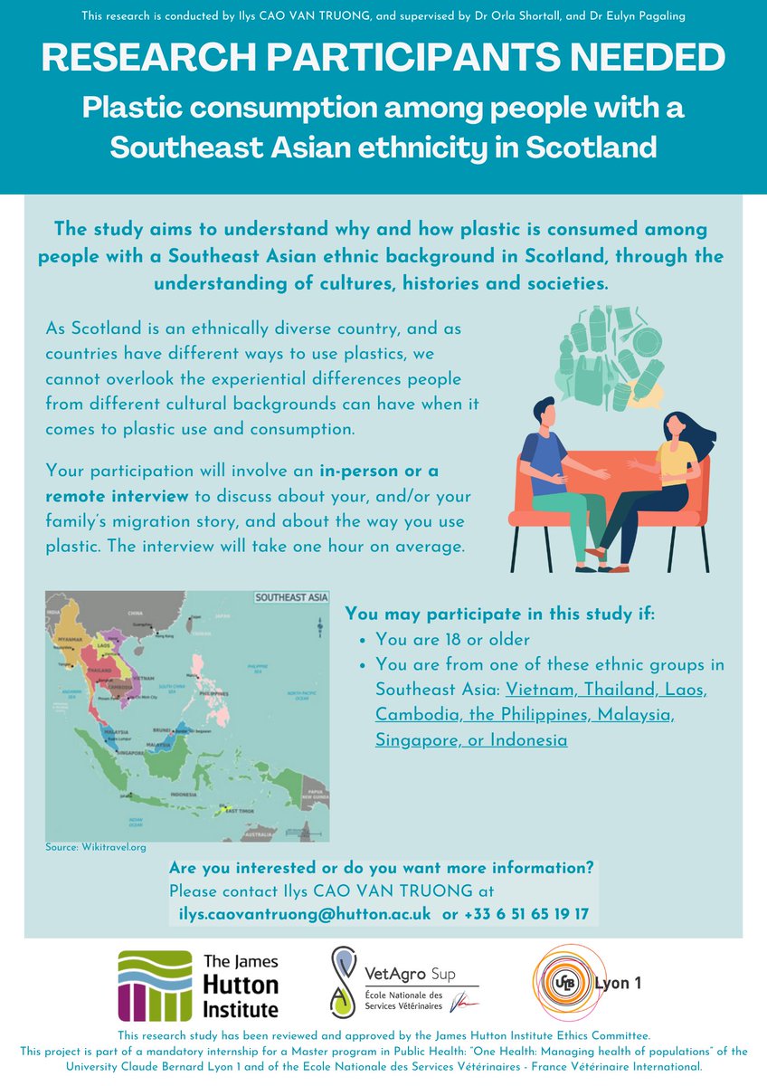 Our Master's student Ilys Cao Van Truong is seeking participants for her research on plastic consumption. 

If you're 18 years old or older, are of a Southeast Asian ethnicity, and would like to take part, please get in touch!

All the info below 👇