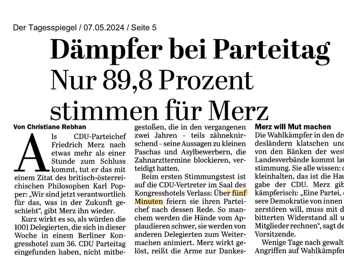 ⁦Friedrich #Merz⁩ bekommt mehr Zustimmung als die Vorsitzenden der #Grünen, @SPD und @FDP auf ihren Parteitagen. Der Tagesspiegel berichtet mit folgender Überschrift: