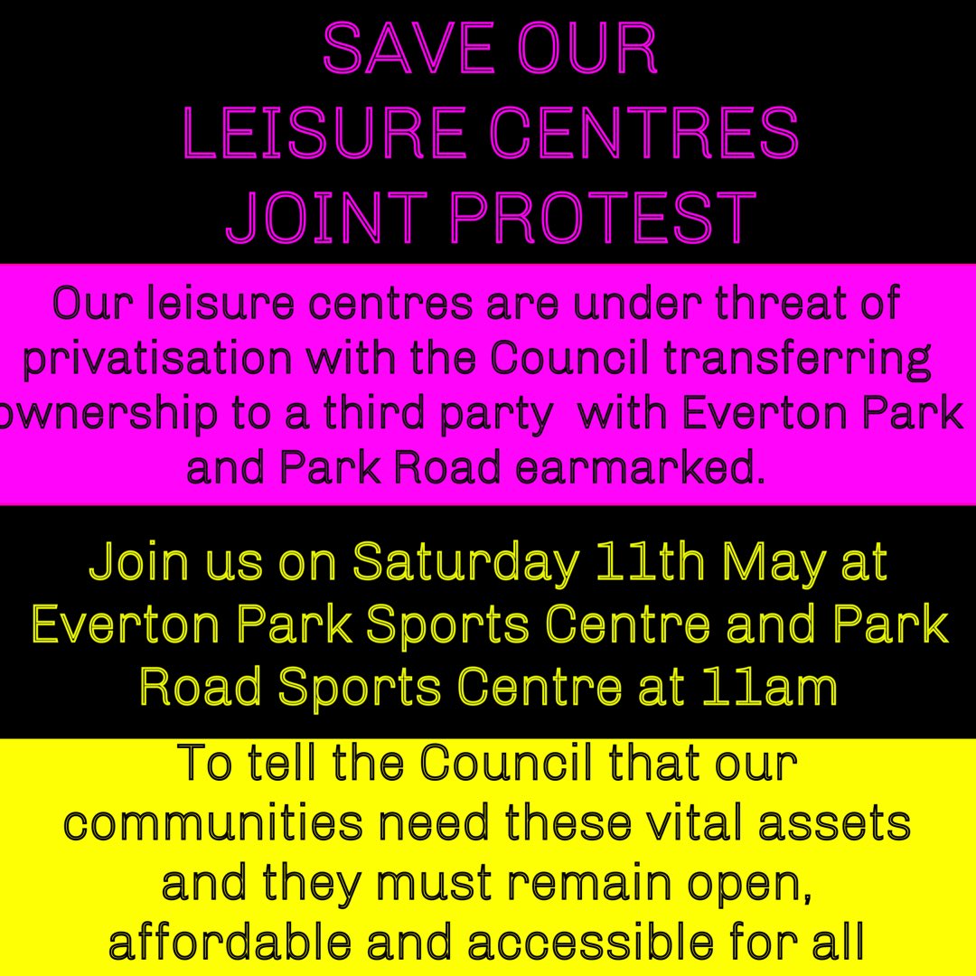 Our leisure centres are under threat of privatisation and In turn closure Please join us on Saturday outside Everton Park And Park Road @GSWG_charity @NevilleSouthall @Kititout1 @angiesliverpool @TheWayISeeLpool @CarlCashman @tommartincrone @mygibbo @bbcmerseyside