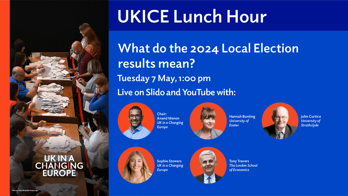 🗳️ What do the 2024 local election results mean? 👉Our expert panel will be analysing all the results today at 1pm. 👥 With @_HannahBunting, John Curtice @whatukthinks, @SophieStowers, Tony Travers and @anandMenon1. Not one to miss 👇 🔗 ukandeu.ac.uk/events/ukice-l…