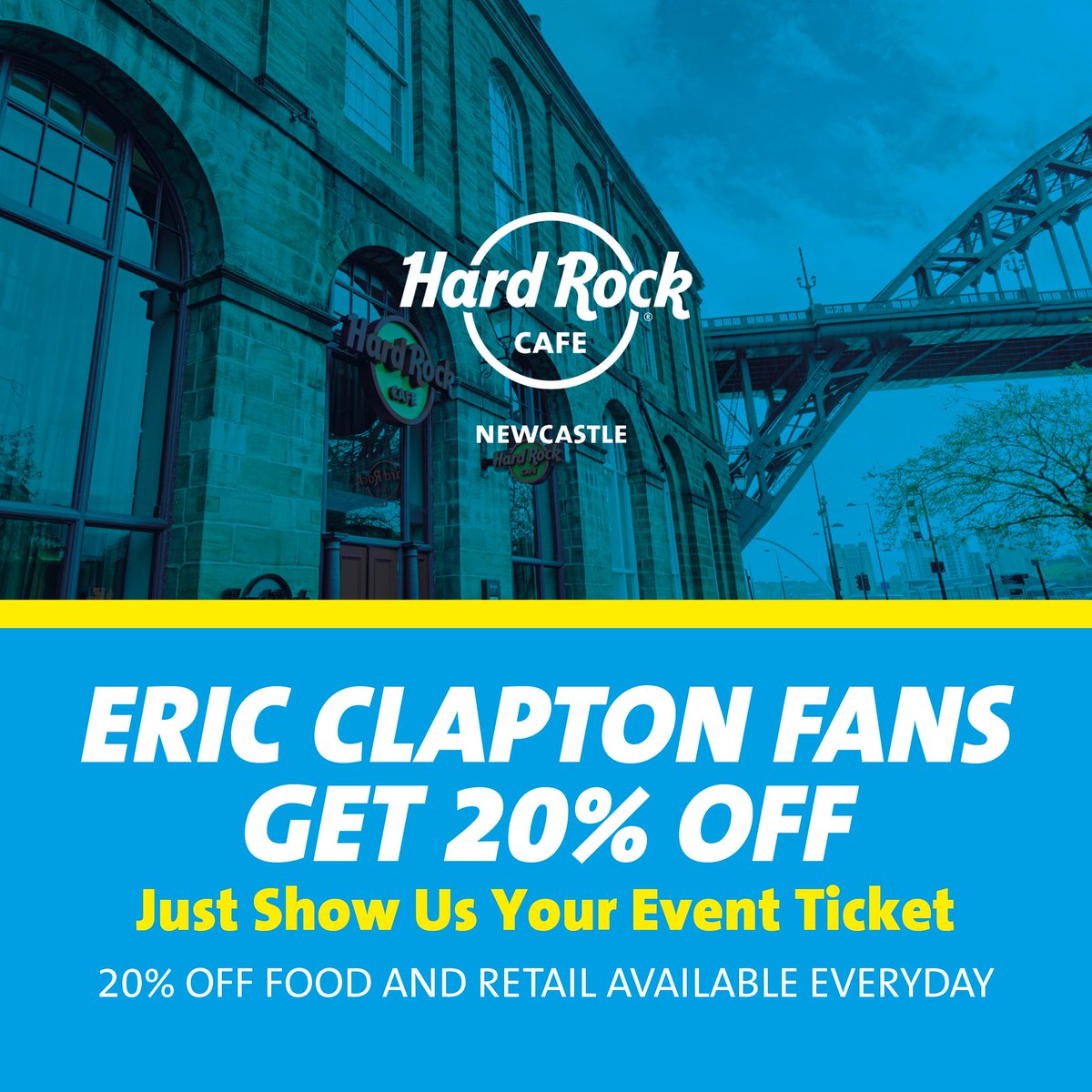 Did you know that @EricClapton, one of rock's most incredible guitar gods, was a regular of the first ever Hard Rock Cafe in London? Head to the @HrcNewcastle for a bite to eat before the show and receive 20% off when dining from Main Menu.