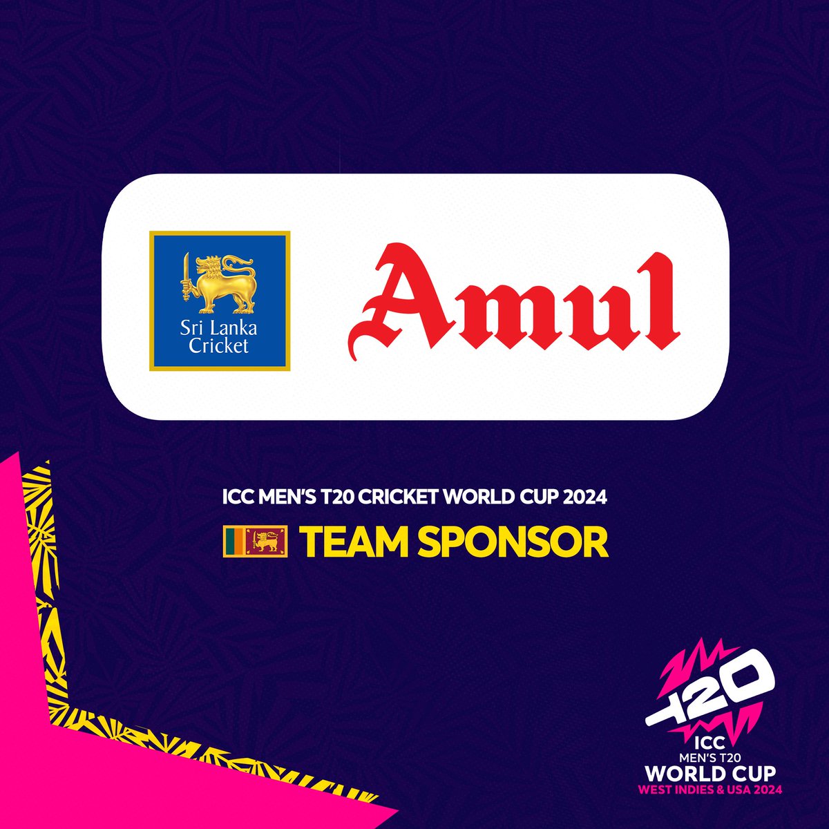 Sri Lanka Cricket (SLC) wishes to announce the appointment of Amul, a leading Indian milk producer with international presence, as the 'Official Sponsor' of the Sri Lanka Men's Team for the duration of the ICC Men's #T20WorldCup 2024.