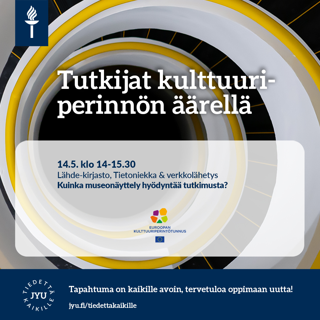 📆 14.5. klo 14-15.30 Tutkijat kulttuuriperinnön äärellä -luentosarjan puheenvuoroissa perehdytään tutkijoiden ja museoiden tekemään yhteistyöhön. Tule paikan päälle tai seuraa tapahtuman striimiä! 👉 r.jyu.fi/FiQ #TiedettäKaikille #JYUnique #europeanheritagelabel