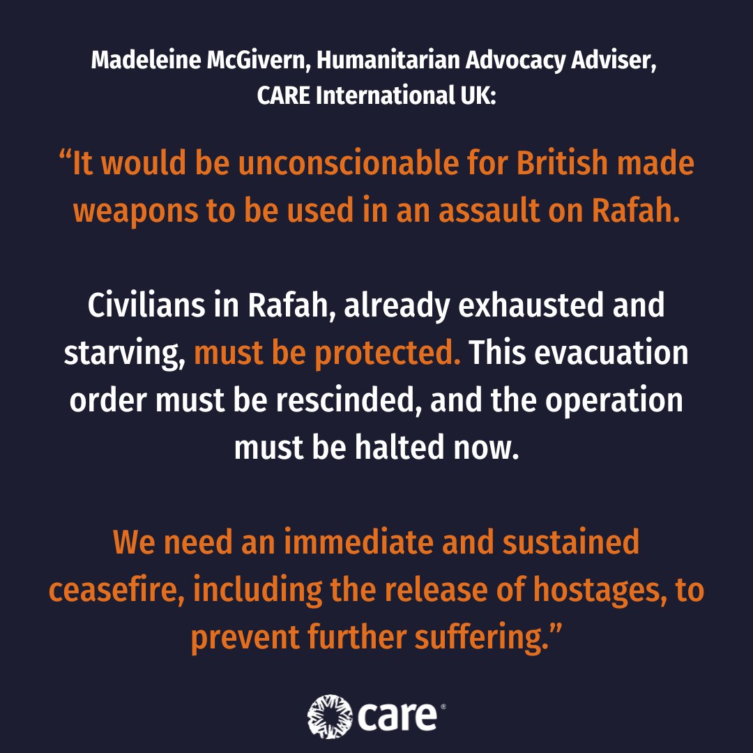 .@madeleinejm, Humanitarian Advocacy Adviser, @careintuk: “Ministers cannot delay any longer before suspending licenses for arms sales to Israel. It would be unconscionable for British made weapons to be used in an assault on #Rafah.' #CeasefireNOW careinternational.org.uk/press-office/p…