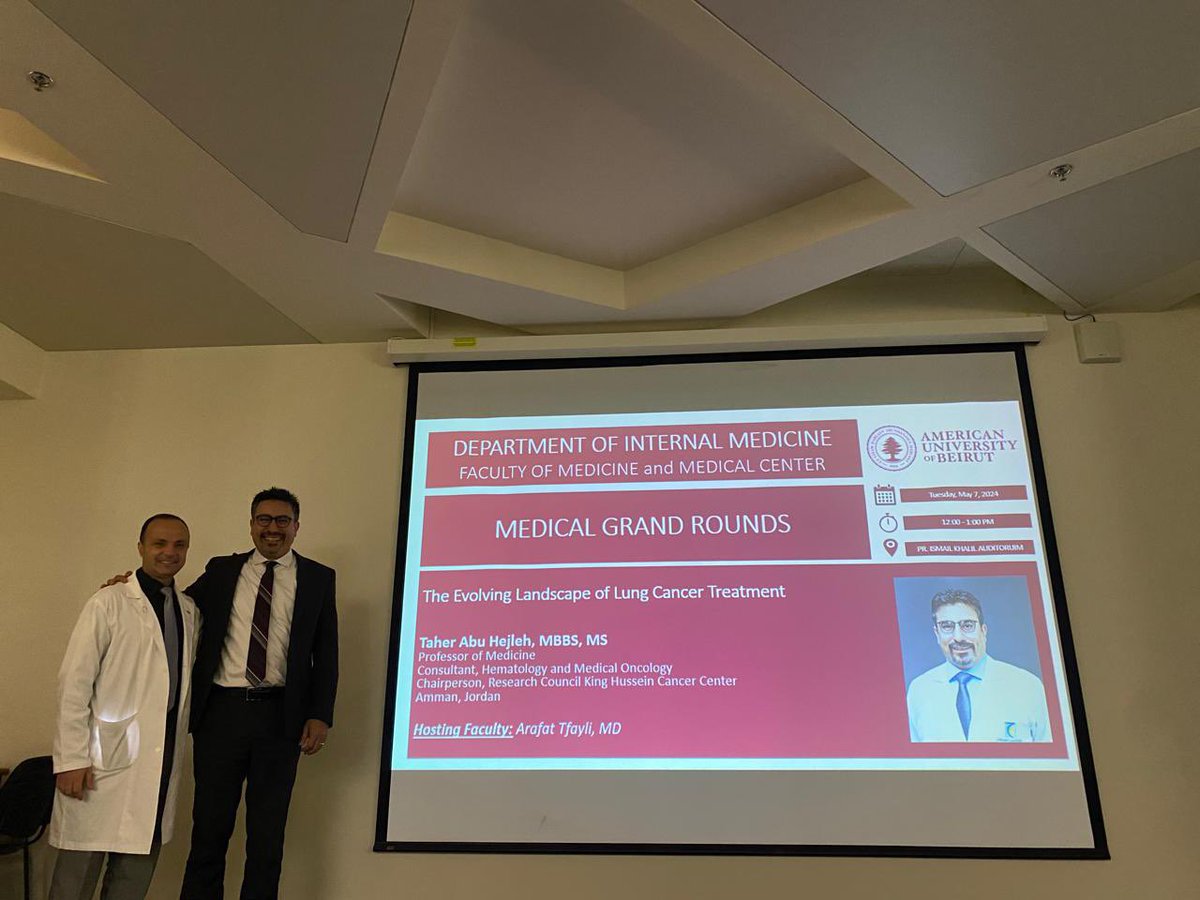 Abualfaa's tweet image. A special Medical Grand  Rounds at @AUB_FM @AUBMC_Official presented by our guest faculty Prof Taher Abu Hejleh, on “The Evolving Landscape of Lung Cancer”. He is on a formal visit to AUB with a delegation from #KHCC Jordan. Host is Dr Arafat Tfayli, Division Hematology-Oncology.