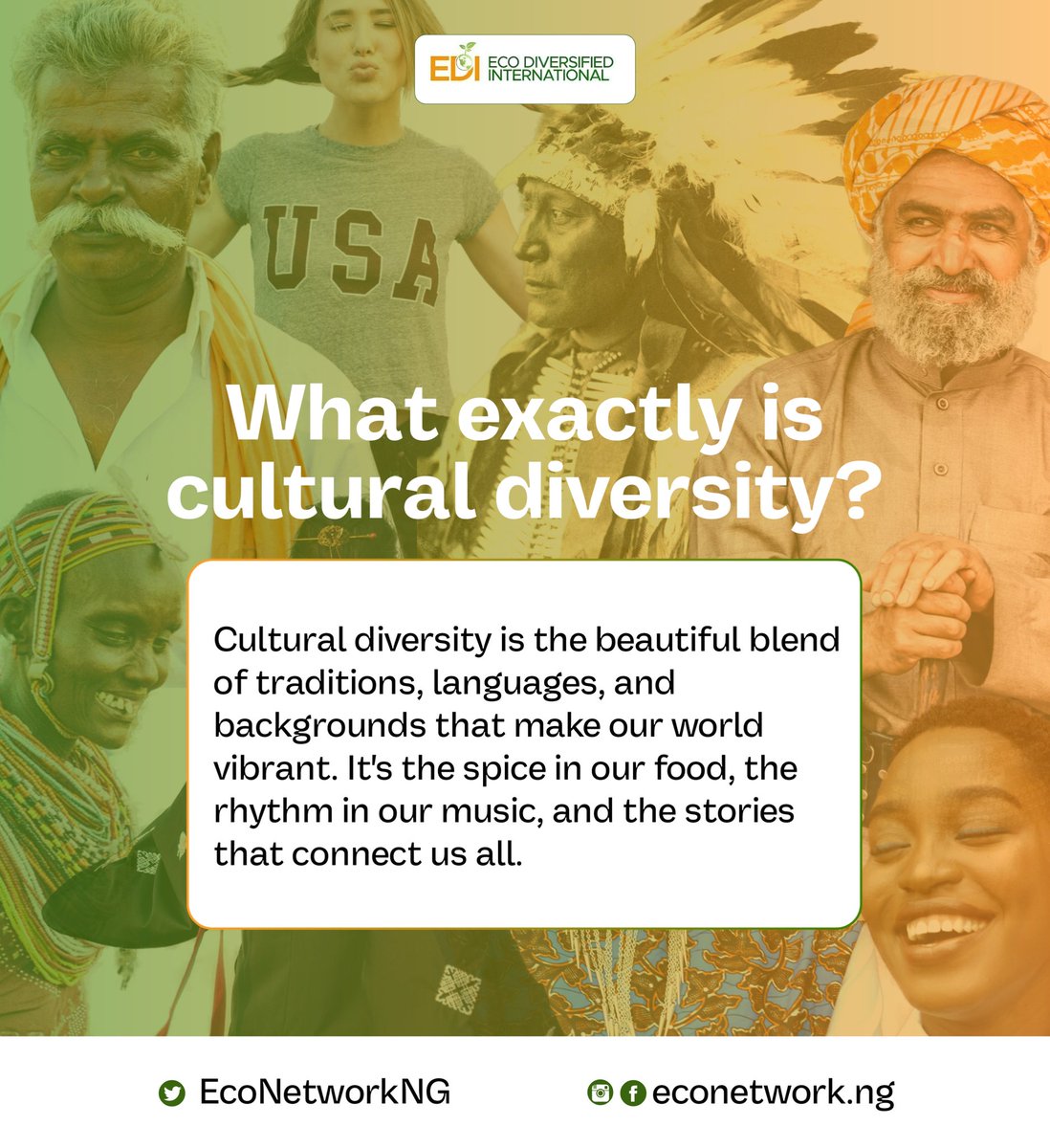 Cultural diversity is the colorful essence of life, blending samba with blues and spices from different cuisines, weaving a beautiful tapestry of humanity. Embracing differences and sharing stories unites us.

#culturaldiversity #diversitymatters
 #inclusion #celebratediversity