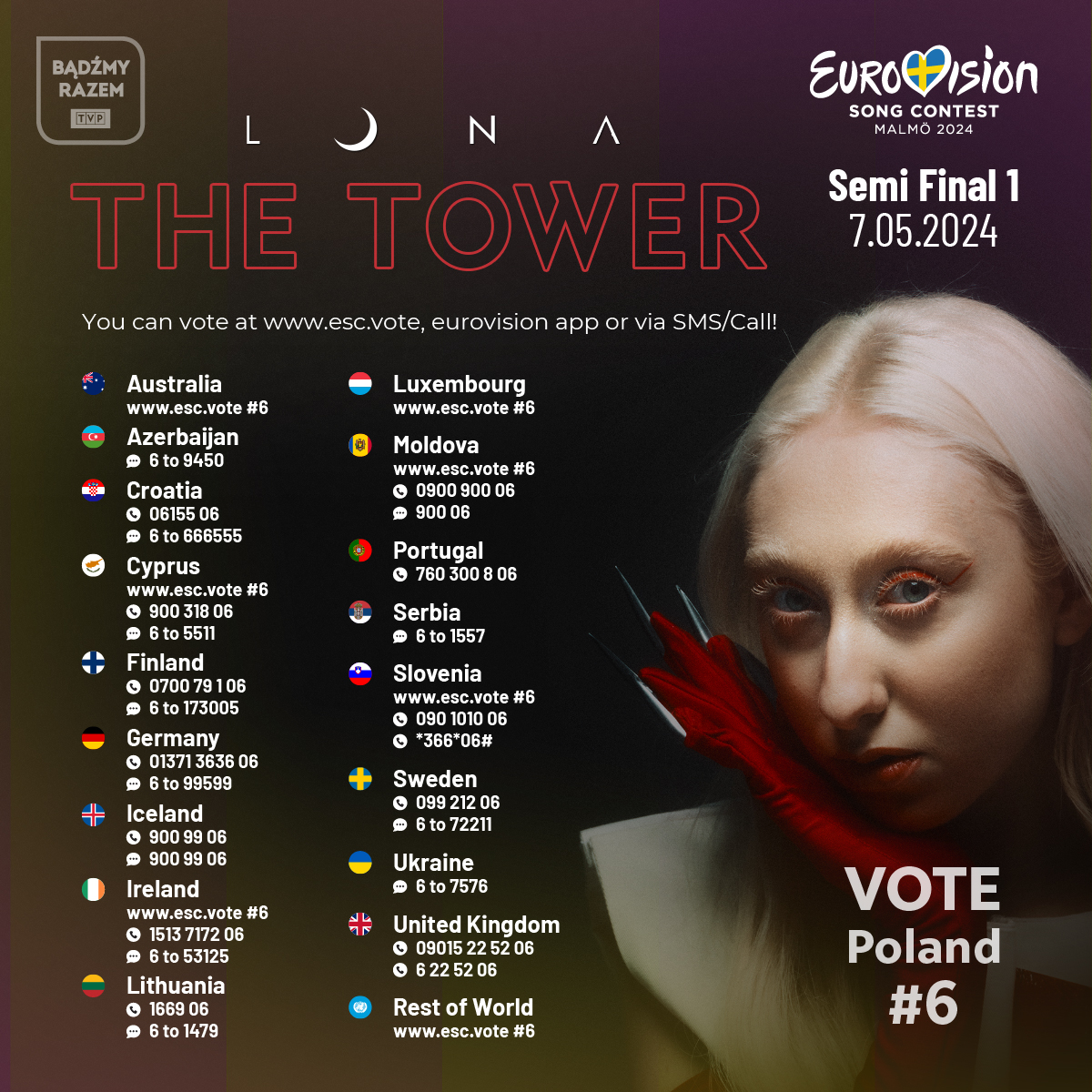Ikväll är det dags för den första semifinalen i Eurovision Song Contest 2024! Då tävlar 15 länder om tio finalplatser. Polen representeras av artisten Luna med låten The Tower. Du får gärna rösta på hennes bidrag som är nummer 6 om du vill att Polen ska gå till lördagens final!