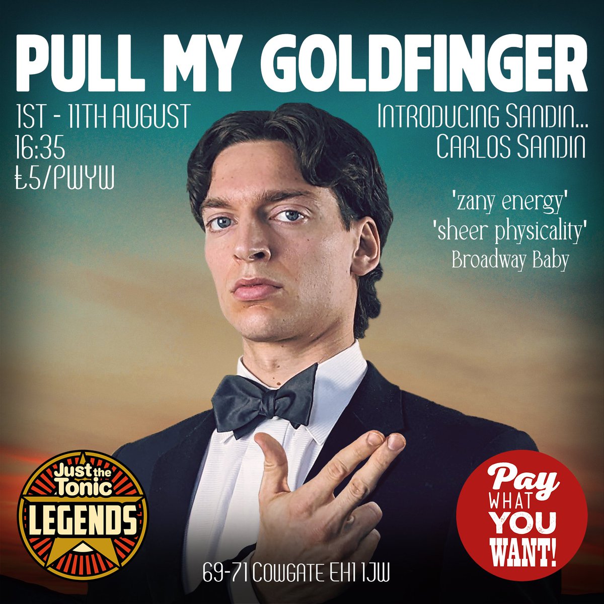 'Pull My Goldfinger' <a href="/edfringe/">Edinburgh Festival Fringe</a> inbound!
Your new improved 007 landing soon...
🎪Just the Tonic Legends - Club Room🎪
🗓️1 - 11 August 15:00 🗓️
#solo #clown #debut #JamesBond #edinburgh
🎟️linktr.ee/carlosssandin🎟️