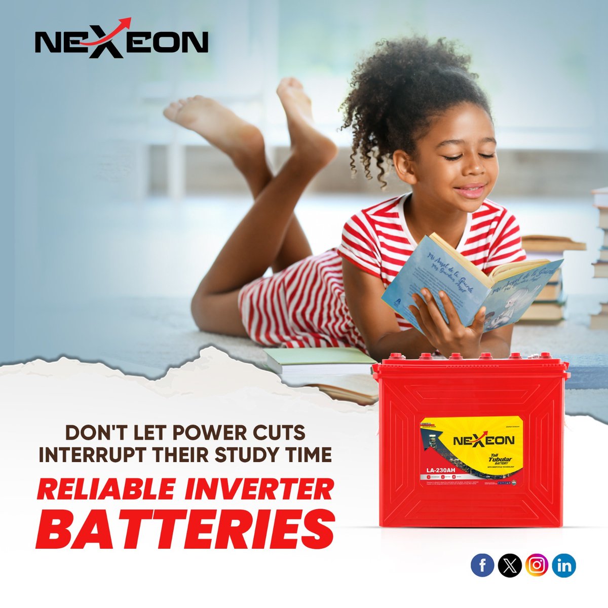 Ensure uninterrupted study time for your children with Nexeon #inverterbattery Its reliable power backup keeps your home powered during outages, so your kids can focus on learning without interruptions.

Follow us: @nexeonbatteries 

#NexeonBattery #Battery #TallTubularbattery