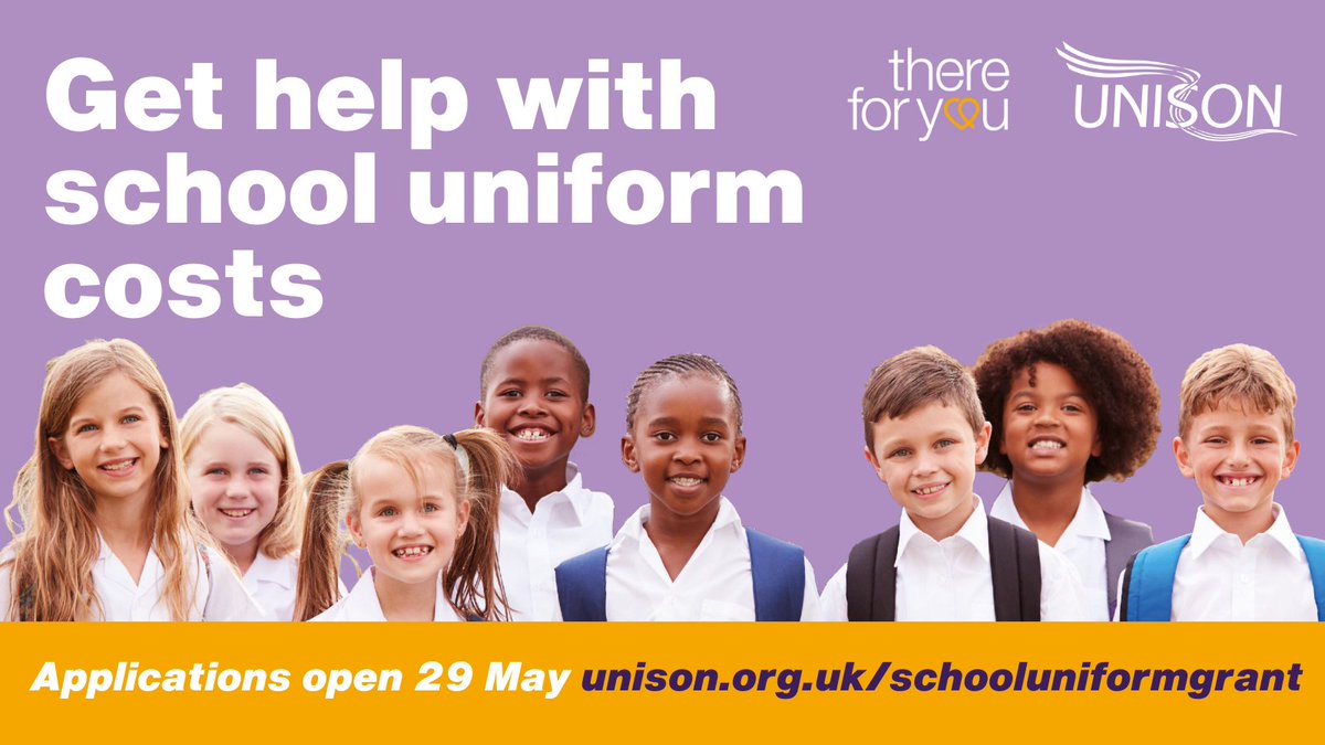 Need help with the cost of school uniforms? UNISON’s charity for members #ThereForYou is offering vouchers of £75 per child unison.org.uk/schooluniformg…