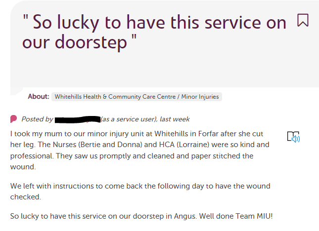 Another lovely story received via Care Opinion Scotland last week. Remember that you can leave your feedback, for any of the care you have received form our services, by visiting, careopinion.org.uk.