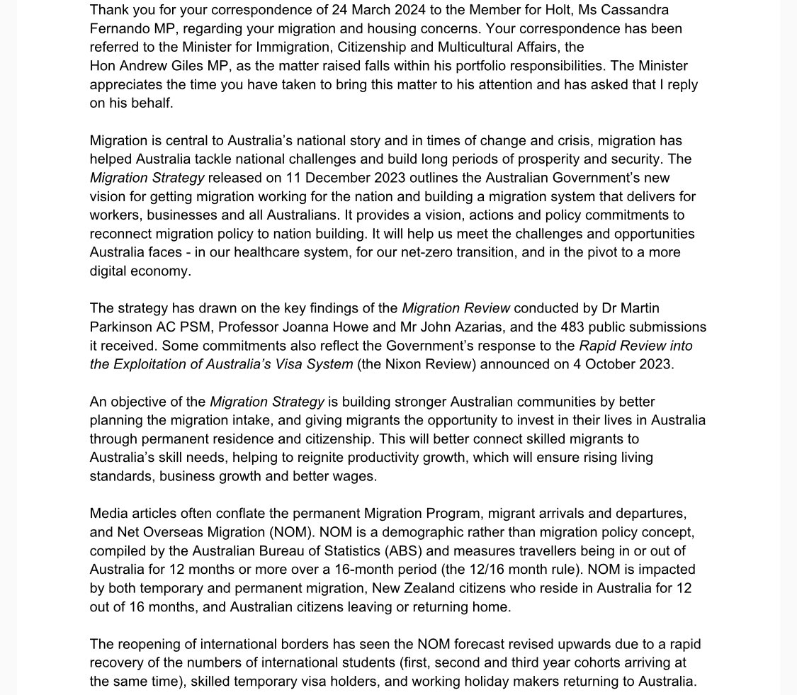 Victorian govt response to my letter to stop immigration and help improve our quality of life - we have no chance of survival.👇👇

@PaulineHansonOz  FYI
#housingmarket 
#NoBigAustralia