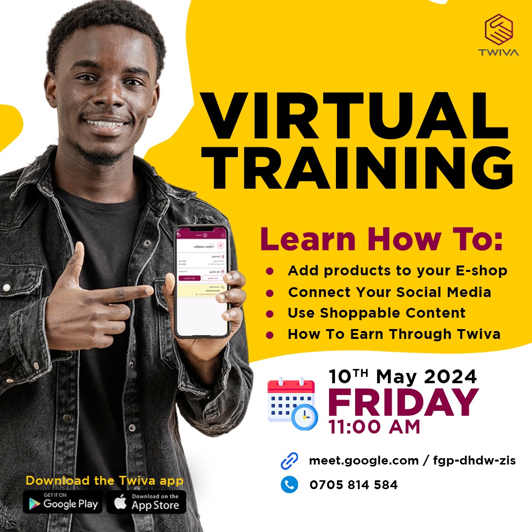 Join us for an exclusive virtual training session and discover the power of Twiva! 🗓️ When? Friday, May 10th, 2024, 11 AM 📍 Where? meet.google.com/fgp-dhdw-zis Attend and stand a chance to win a Twiva shopping voucher! #Twiva #Training #EarnOnline
