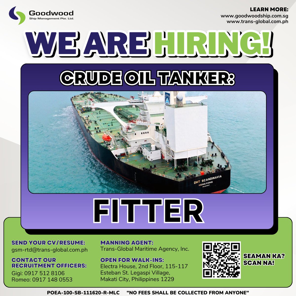 📢 WE ARE HIRING!

Acquire more essential skills onboard with Goodwood Ship Management!

Send your CV/Resume:
gsm-rtd@trans-global.com.ph

POEA-100-SB-111620-R-MLC 'NO FEES SHALL BE COLLECTED FROM ANYONE' #hiring #careeratsea #maritimejobs #transglobalmaritime
