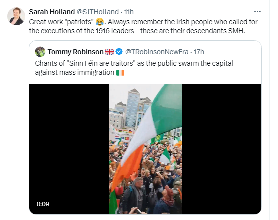 Tommy Robinson describes what he sees in this #dublinprotest video. People /are/ chanting 'Sinn Fein traitors'. How is that proof of anything other than Tommy Robinson described what he saw in this video? He also said 'swarm'. Isn't that a 'problematic' word?