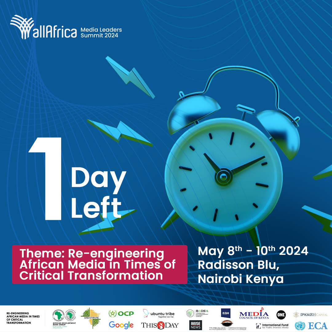 Only 1 day left!

Tomorrow's the big day! 

Don't miss your chance to be part of the All Africa Media Leaders Summit in Nairobi, Kenya.

Help shape the future of African media.

See you at Radisson Blu.

#MediaForChange 
#AllAfricaMediaSummit2024