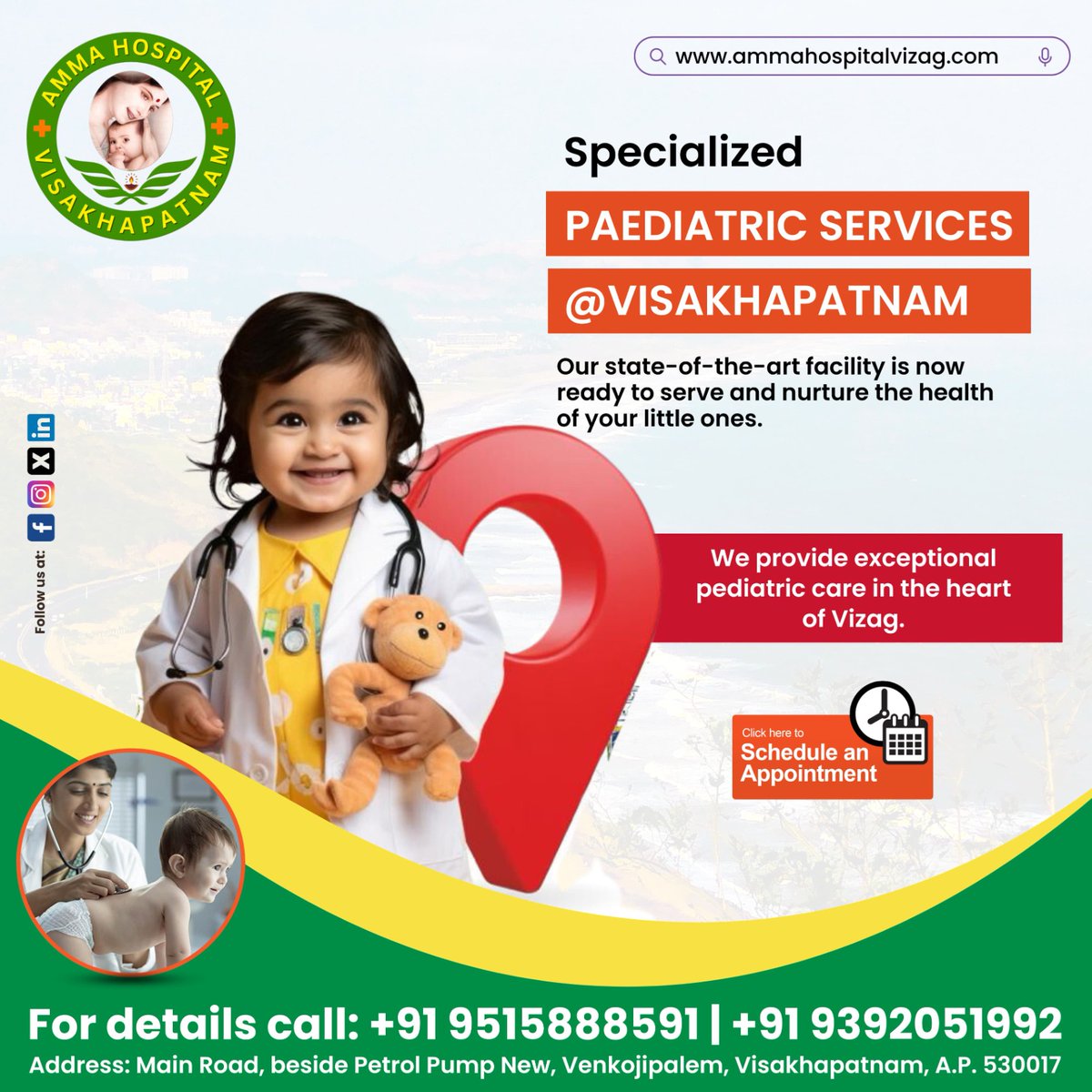 From newborns to teens, our dedicated team ensures every child thrives. 

📞 Contacts : +91 9515888591 | +91 9392051992

#AmmaHospital #BestPediatricCare #BestPediatricHospital #BestPediatricSpecialist #BestNICUServices #BestHospitalinVizag