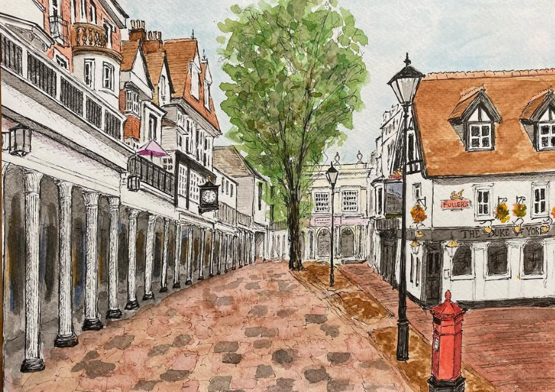 The Pantiles is where memories are made. 

@edward.maxwell_ on Instagram posted this beautiful ink/watercolour sketch saying: 'The Pantiles is where I met Sian 30 years ago this summer. It’s our 25th wedding anniversary!' 

Happy Anniversary to you both.❤️

#TunbridgeWells #Art