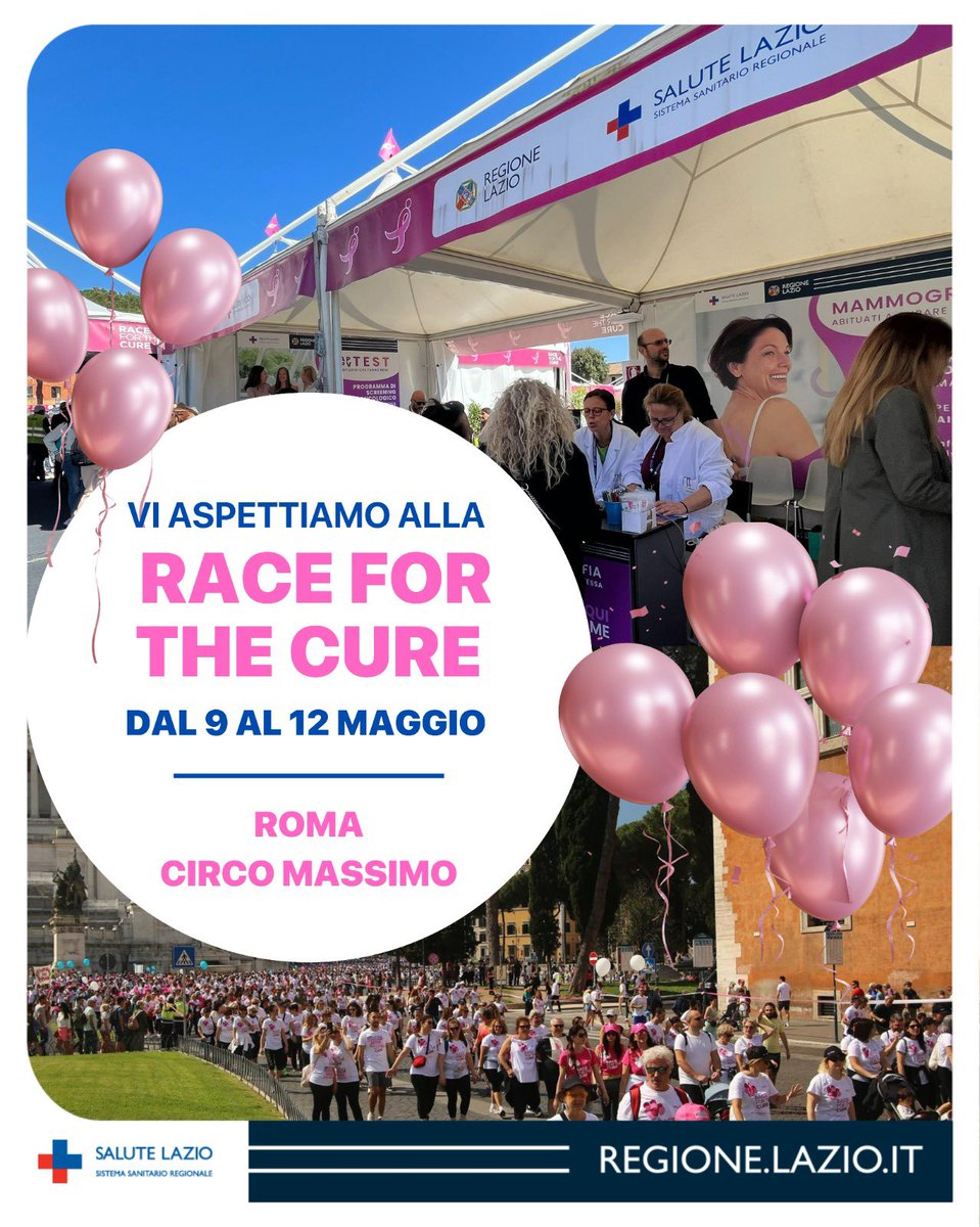 Pronti per la #RacefortheCure! Dal 9 all'11 maggio i nostri operatori sanitari ti aspettano a #Roma per parlare di prevenzione e prenotare il tuo screening. Domenica corriamo insieme per la lotta contro il tumore al seno! Info👉 bit.ly/44uRTBw e bit.ly/3URd3Xn