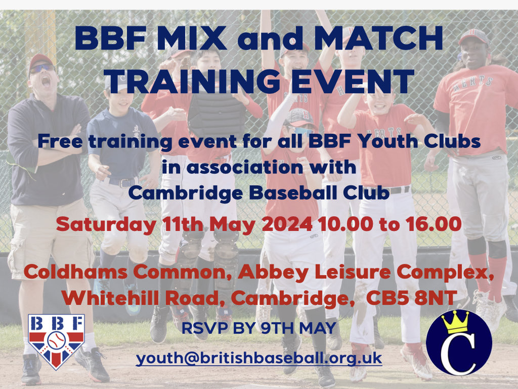 The second Mix and Match event for youth baseball players takes place at @CambsBaseball this coming Saturday - to register email youth@britishbaseball.org.uk