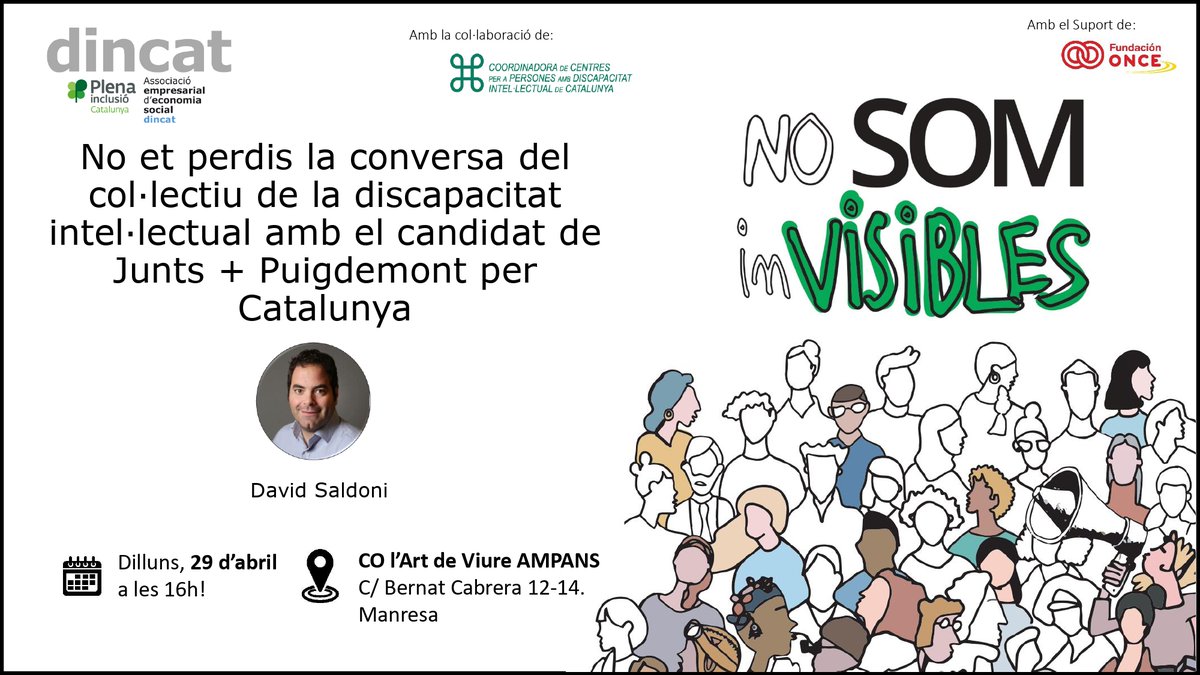 📢No et perdis la conversa #NoSomInvisiblesTenimVot entre una persona amb discapacitat intel·lectual, un familiar i un professional amb el candidats de @JuntsXCat @davidsaldoni! 🗓️dilluns 29/04 16h 🚩L'Art de Viure d'@Ampans (Manresa) Inscriu-te 👉 docs.google.com/forms/d/e/1FAI…