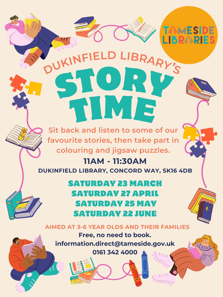 This Saturday come along to Dukinfield Library to join in our cosy story time circle, then take part in jigsaws and colouring. Aimed at 3-6 year olds and their families. #tamesidelovesreading