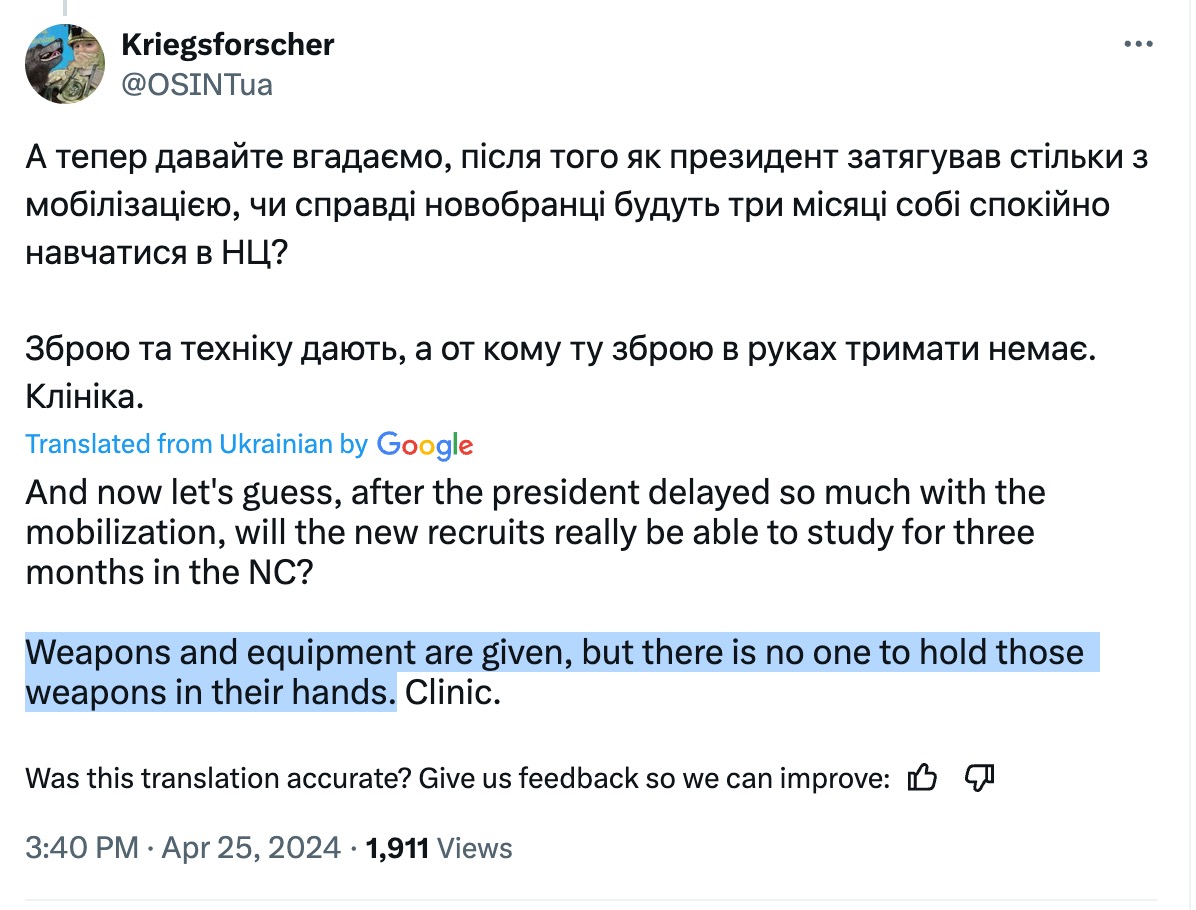 Russia is likely to run major offensives in the coming months. It did its homework over the winter while the Ukrainian government and the West didn't. This Ukrainian soldier blames the failure by @ZelenskyyUa to meaningfully mobilize Ukrainian defenders for the upcoming disaster.