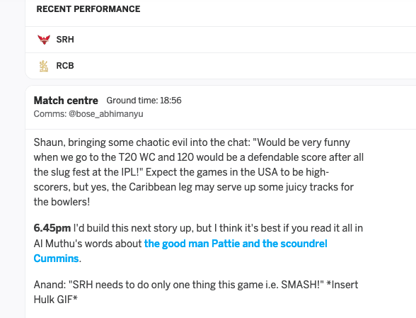 WolfOfAllTweets's tweet photo. 3rd instance when @ESPNcricinfo published my comment. looooool #SRHvsRCB https://t.co/mfxnL6sn6J
