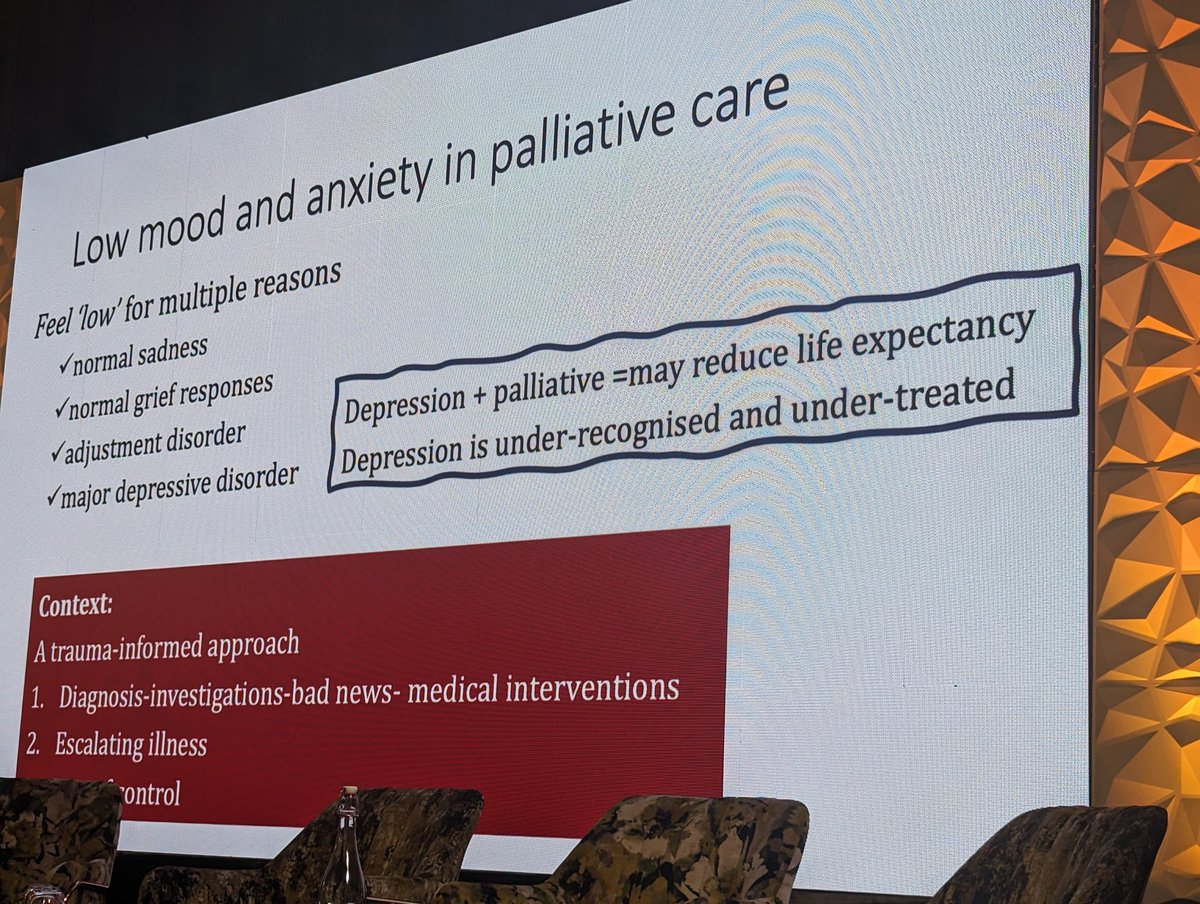 An important reminder from Dr AK Anderson that depression alongside a life limiting/palliative condition reduces life expectancy - good symptom control=improved QOL and longer life expectancy #cpcc2024