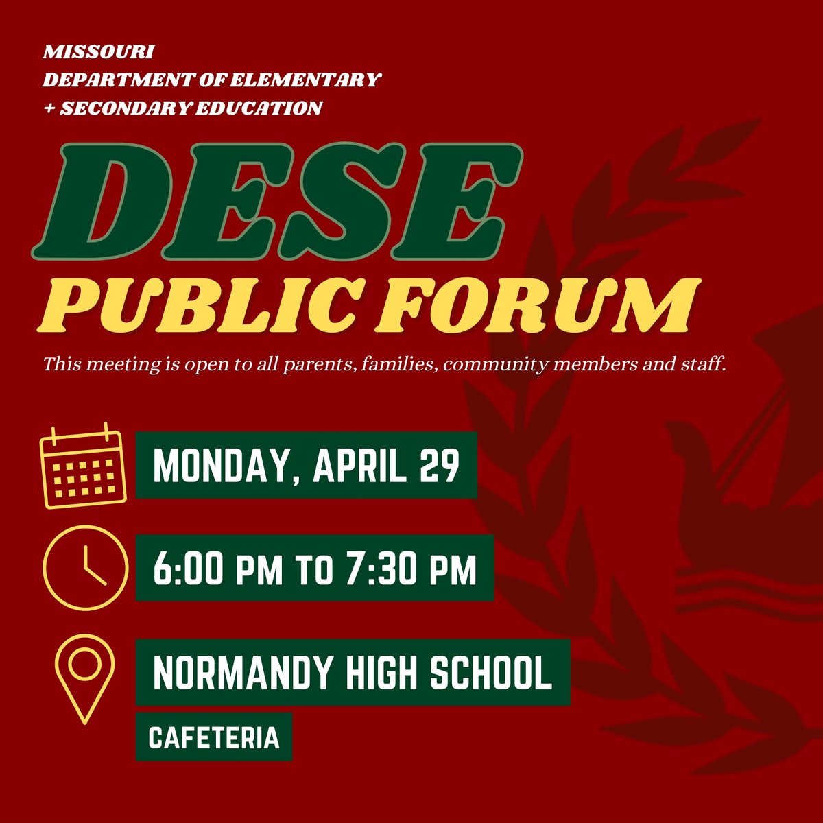 Please join us for the Missouri DESE Public Forum at 6 p.m. on Monday, April 29, in the Normandy High School cafeteria, 6701 St. Charles Rock Rd. This event is open to the public and will be live-streamed on our Facebook and YouTube channels.