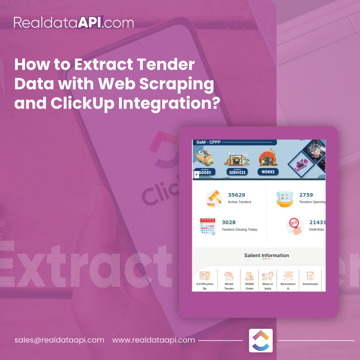 #ExtractTenderData from websites, integrating seamlessly with ClickUp for efficient management and streamlined workflow processes.

Know More: realdataapi.com/extract-tender…

#TenderDataScraper #TenderDataScrapingApplication
#TenderDataExtraction #RealDataAPI #usa #uk #uae
#canada