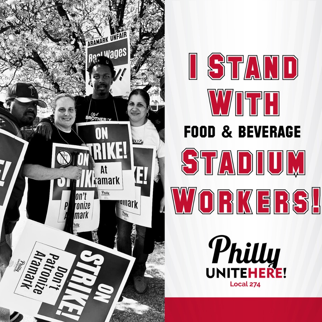 📣 @Aramark Workers are on STRIKE at the Wells Fargo Center 📣 We stand with these @UNITEHEREPhilly workers in their fight for healthcare and family-sustaining wages. Philadelphians deserve jobs that allow them to care for their families and themselves.