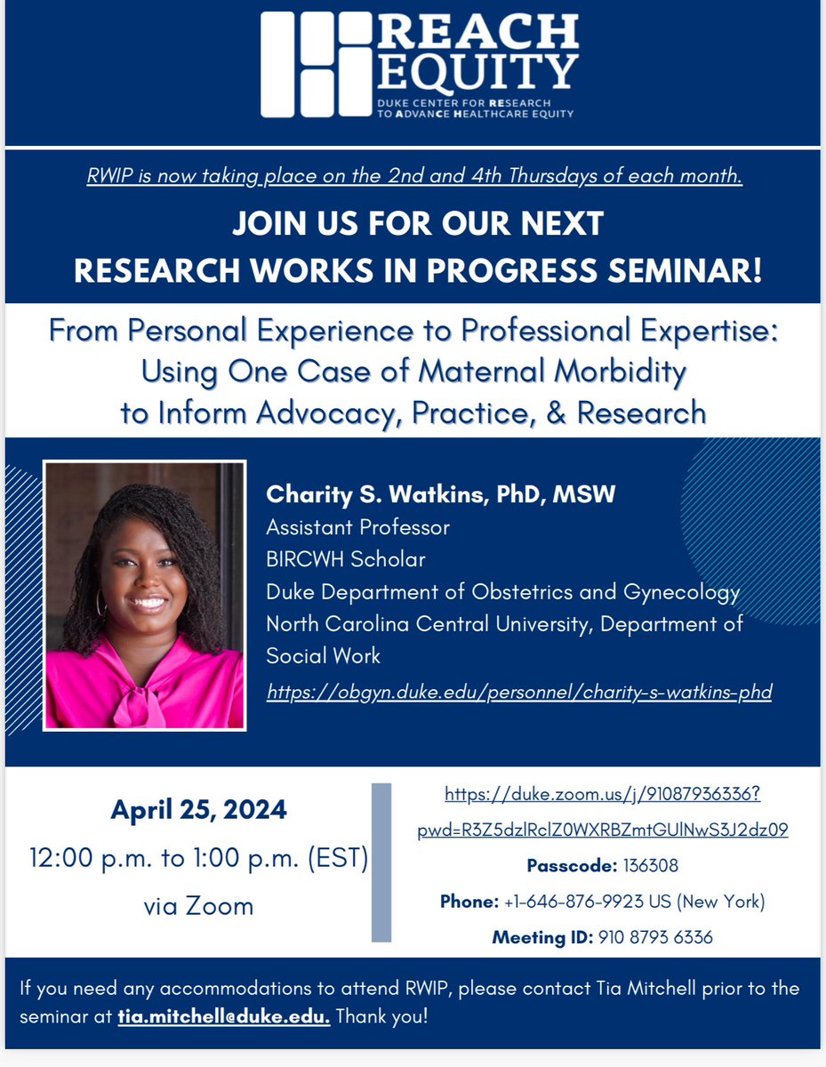 Happening today at 12 p.m. via Zoom: Research Works In Progress seminar with BIRCWH Scholar Dr. Charity S. Watkins, presenting “From Personal Experience to Professional Expertise: Using One Case of Maternal Morbidity to Inform Advocacy, Practice, & Research.”