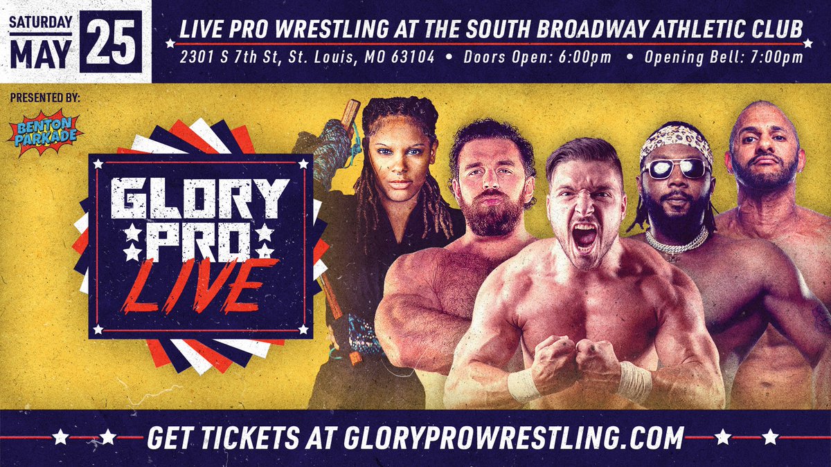 Glory Pro Wrestling is back LIVE in St. Louis Ft @OfficialEGO @JPWARHORSE @JakeSomething_ @TheTootieLynn @TheXavierWalker @TheRohitRaju @ThanksDanTheDad @VeryKodyLane @RahimSuede @collins__philly @MarinoTenaglia @justmaggielee + MORE Saturday May 25 | 7pm Tickets on sale NOW