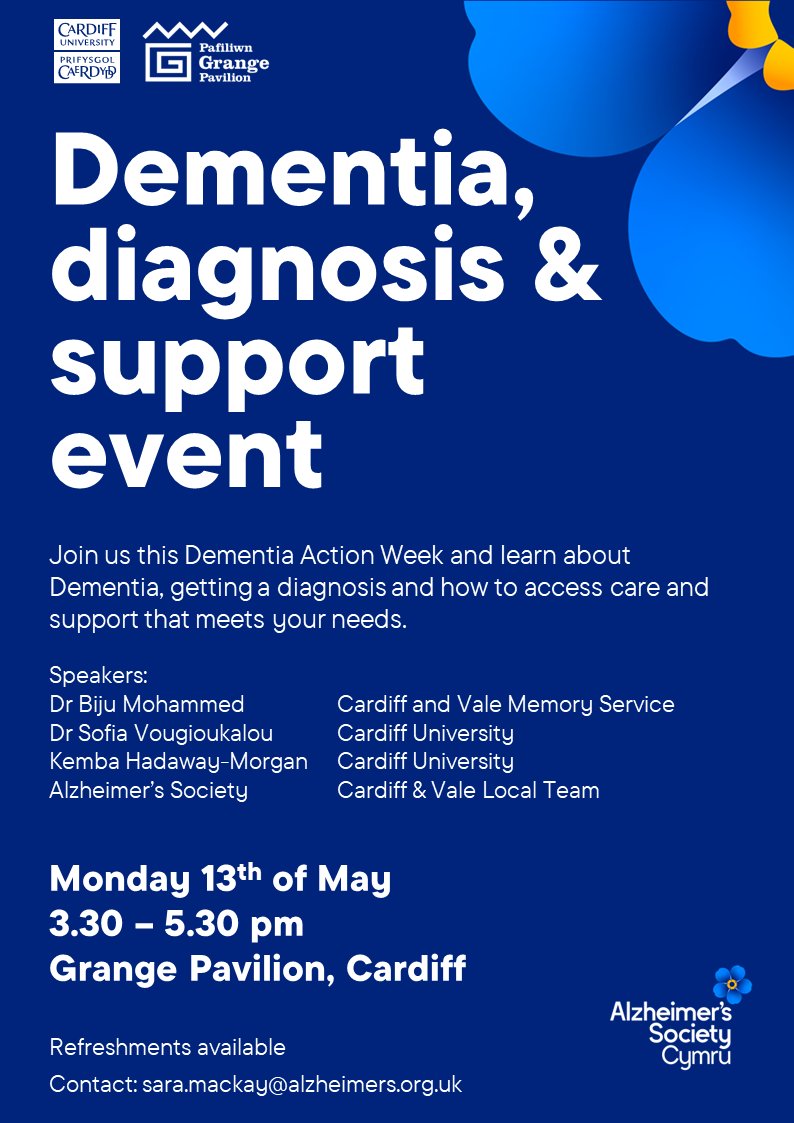 Do you have questions about dementia? As part of #DementiaActionWeek, @AlzSocCymru are running an event on the 13th May at the Grange Pavilion in Cardiff about getting a diagnosis and how to access care and support. Find out more 👇