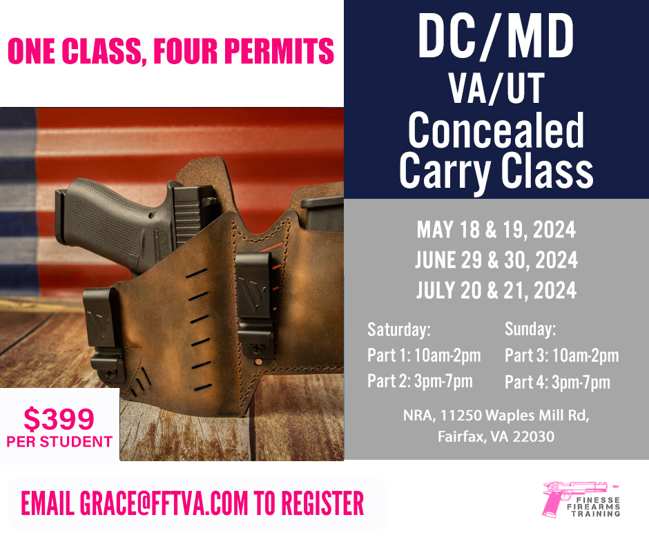 FOUR PERMITS, ONE CLASS!

Complete the training requirements to apply for permits in DC, Maryland, Virginia and Utah all in one course.

$399 per student. $299 for just DC/MD

To sign up, visit FFTVA.setmore.com. 

#fft #fftva #firearmrentals #shootingrange