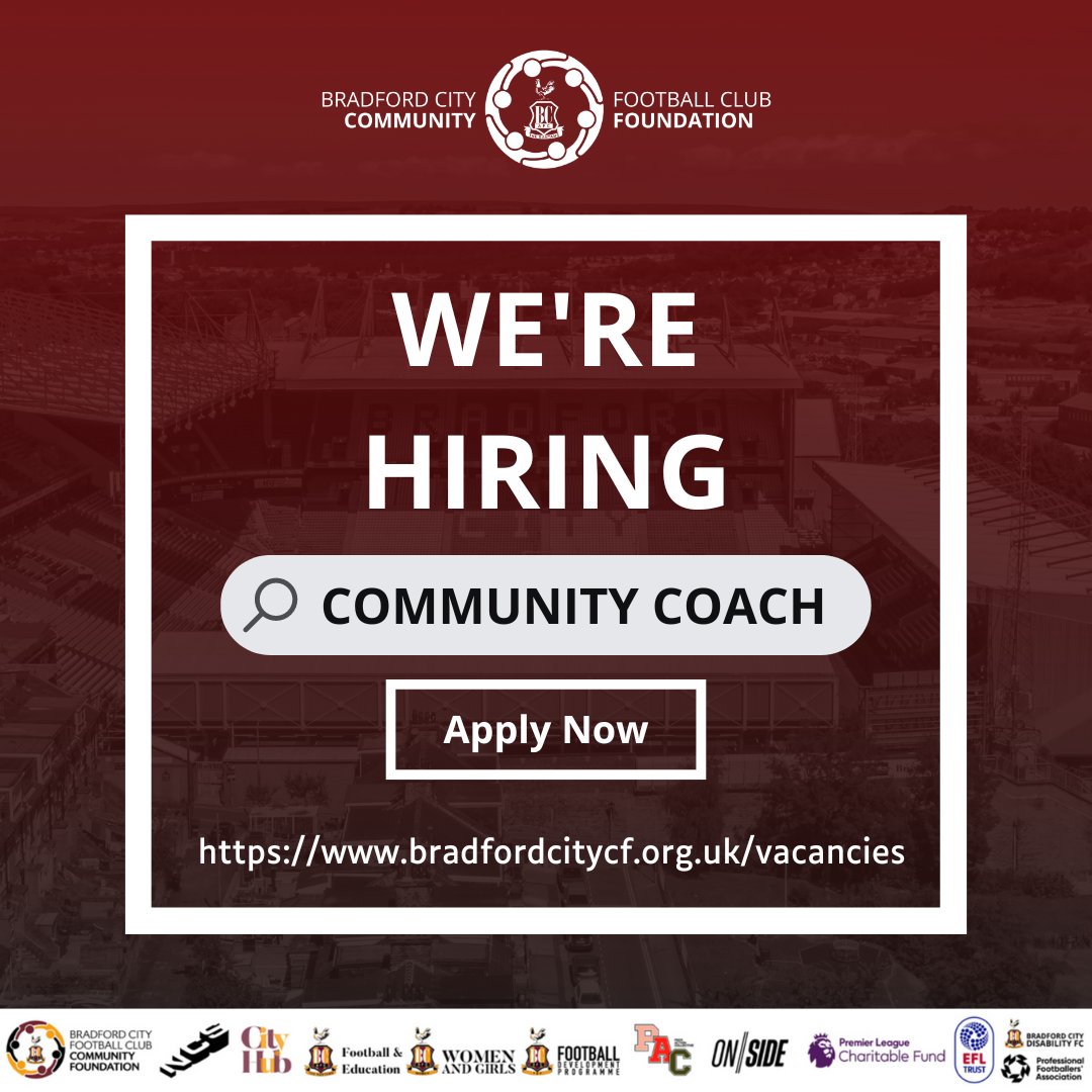 💼 | #JoinOurTeam We are #hiring a dedicated, hard-working and adaptable community coach to join our team at @PeelPark_PS Full details and apply: bradfordcitycf.org.uk/vacancies #BCAFC | #CommunityFoundation