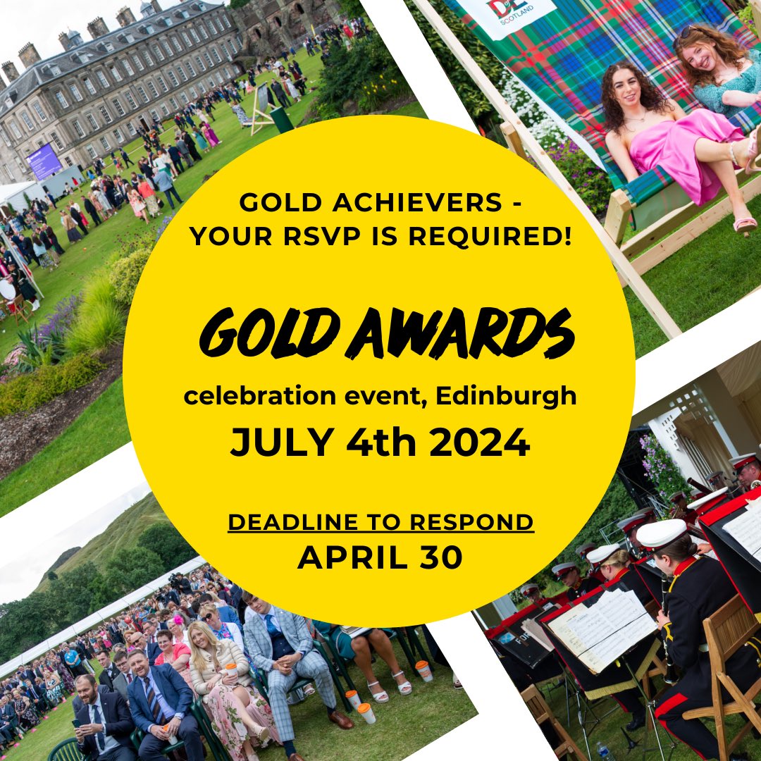 🌟 GOLD AWARD ACHIEVERS....deadline extended for your RSVP! Deadline = APRIL 30th Accept/Decline = go onto your eDofE account, 'Gold Award celebration event' page. Need help with RSVP email  Holyroodhouse@DofE.org or call 0131 343 0920  #dofe #dofescotland #goldawards24