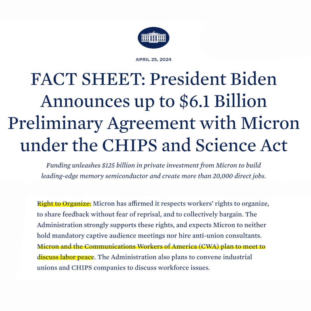 BREAKING: Micron will meet with CWA to discuss labor peace as part of $6.1 billion CHIPS Act award. This is an important step toward fulfilling @POTUS and @SenSchumer goal of rebuilding the middle class by creating good, union, jobs. cwa-union.org/news/releases/…