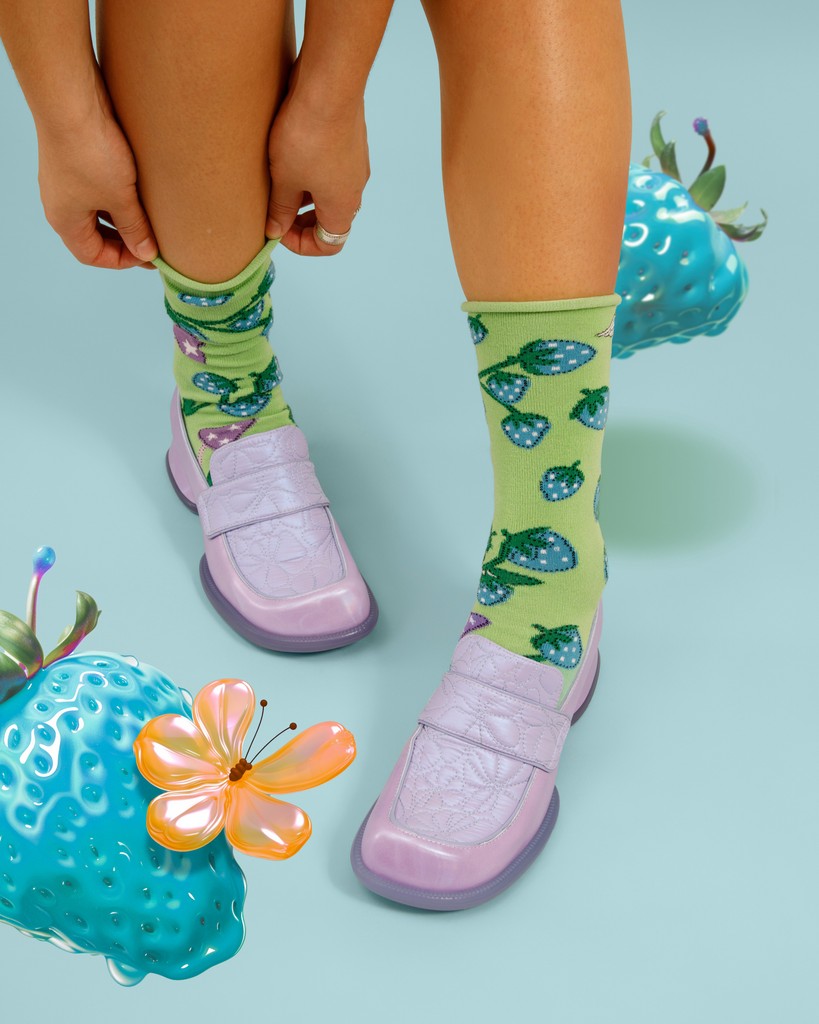 Blue strawberries IRL are a myth. We checked... and went down a rabbit hole leading to the Arctic flounder. (Go ahead, look it up. We'll wait.) Luckily, wishful creations are a reality in Fluetopia—shop the SHELLY and Neko Vog Socks, in stores & online! 😉 vo.gg/shelly-purple