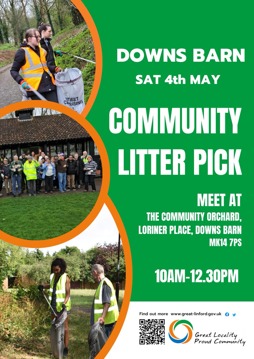This month our Community Litter Pick will take place in Downs Barn on Sat 4th May. We will be meeting at Community Orchard, Loriner Place, MK14 7PR at 10:00 am and will finish at 12.30 pm. The event is open to everyone, families are welcome! #miltonkeynes #community #litterpick